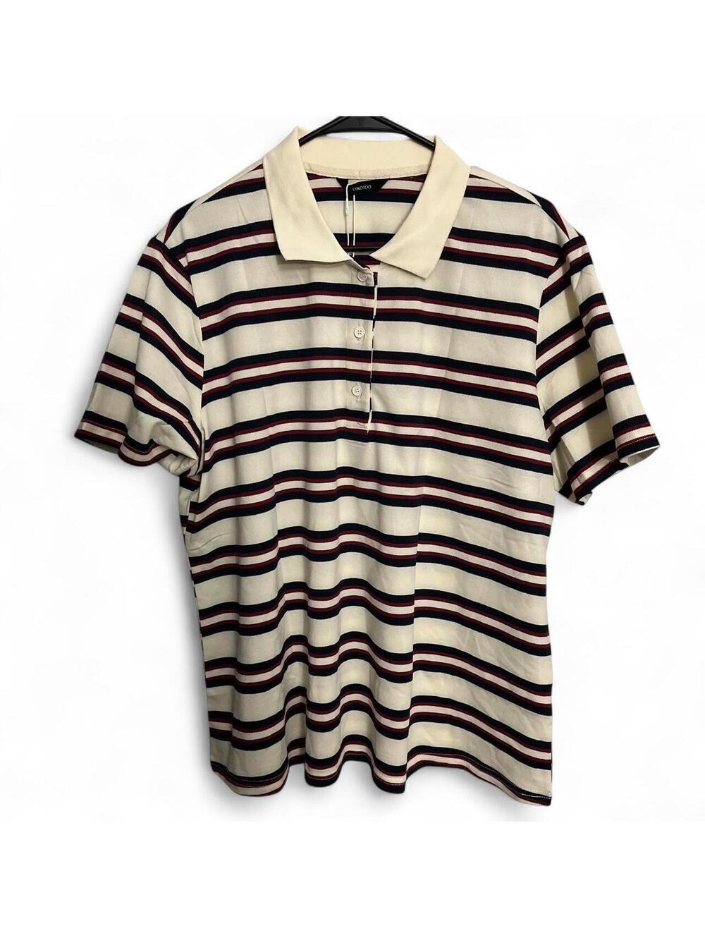 Beige Red Navy Striped Oversized Polo Shirt